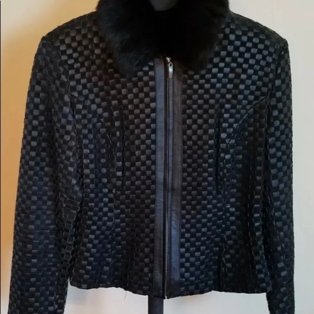 MARVIN RICHARDS weave/rabbit fur collar leather jacket SM NWT